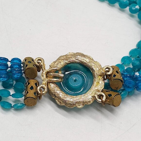 Multi Strand Blue Beaded Necklace Gold-Tone Clasp Faux Turquoise Center Accent - Picture 5 of 6
